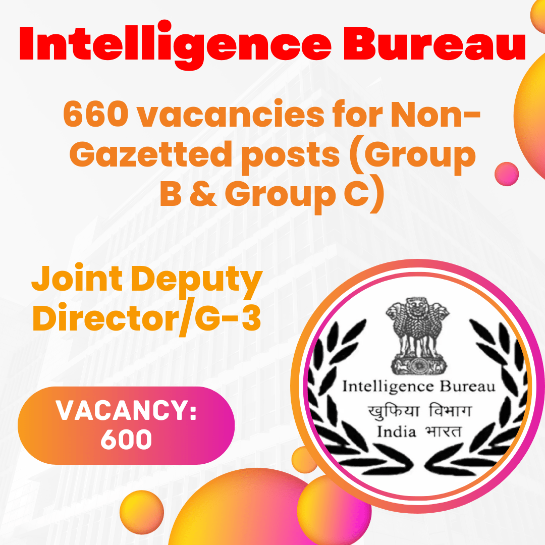 Ministry of Home Affairs (MHA), Government of India, has 660 vacancies for Non-Gazetted posts (Group B & Group C), Joint Deputy Director/G-3, Intelligence Bureau. www.mha.gov.in